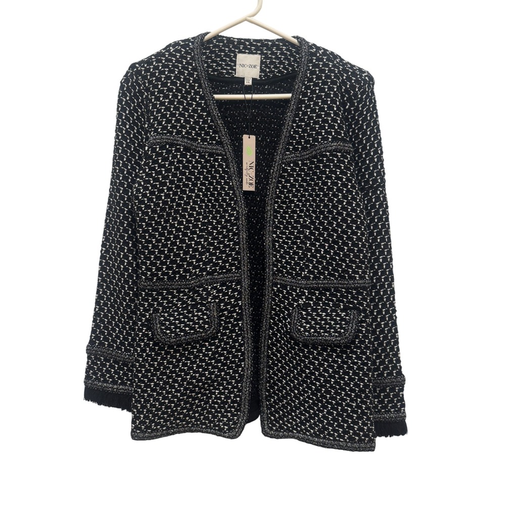 NEW‎ Nic+Zoe Knit Jacket Women XS Black Mix F221119 Metallic Fringe Tweed Blazer